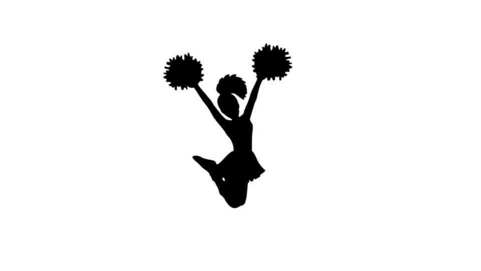 Black and white image of a cheerleader jumping into the air