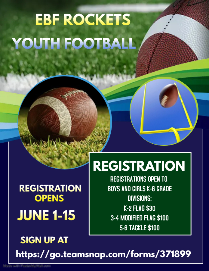 k-6th Youth football registration to be open from June 1st-15th.